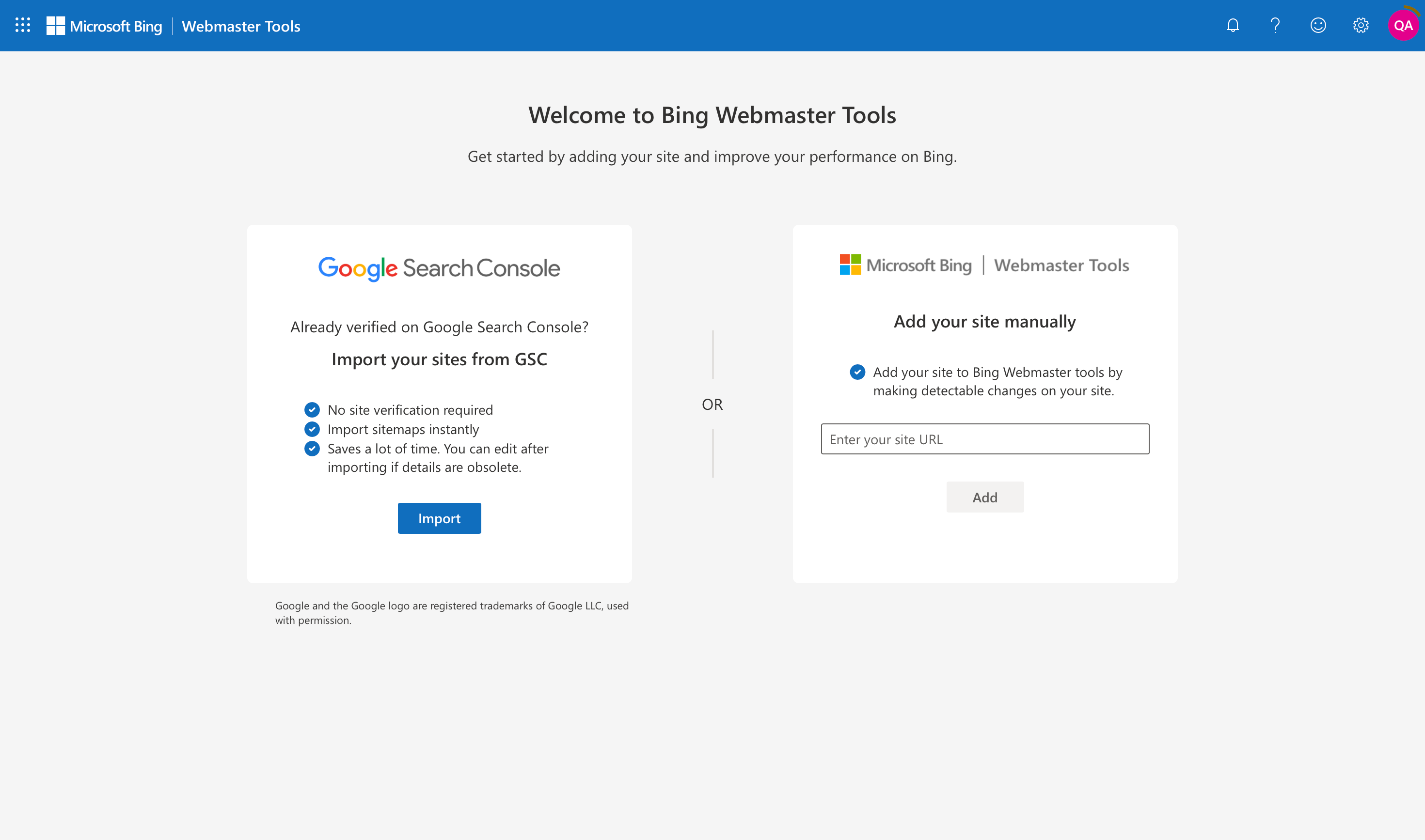 Bing Webmaster Tools: Import