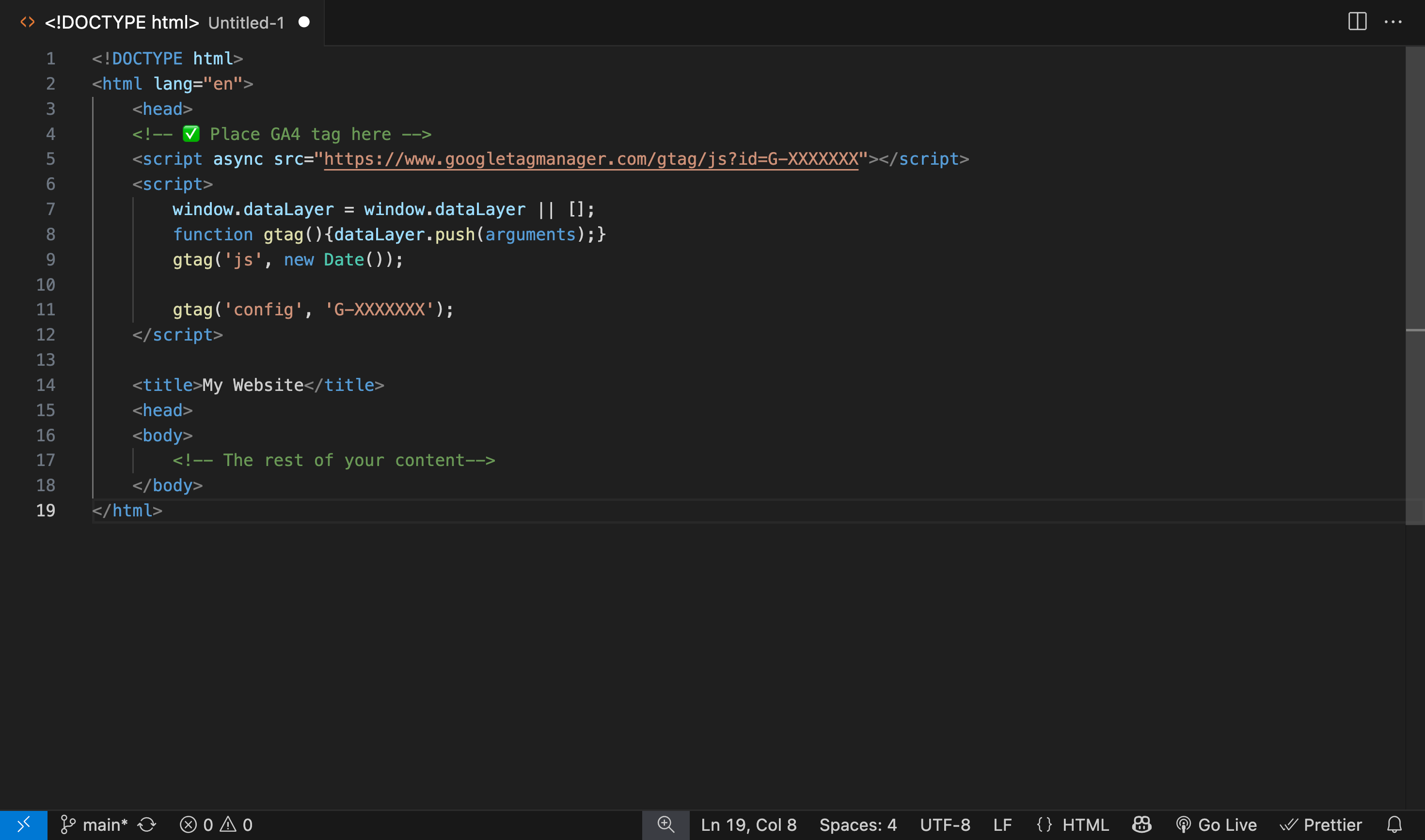 An example of an HTML document, with the Google Analytics tracking code snippet highlighted inside the <head> section.