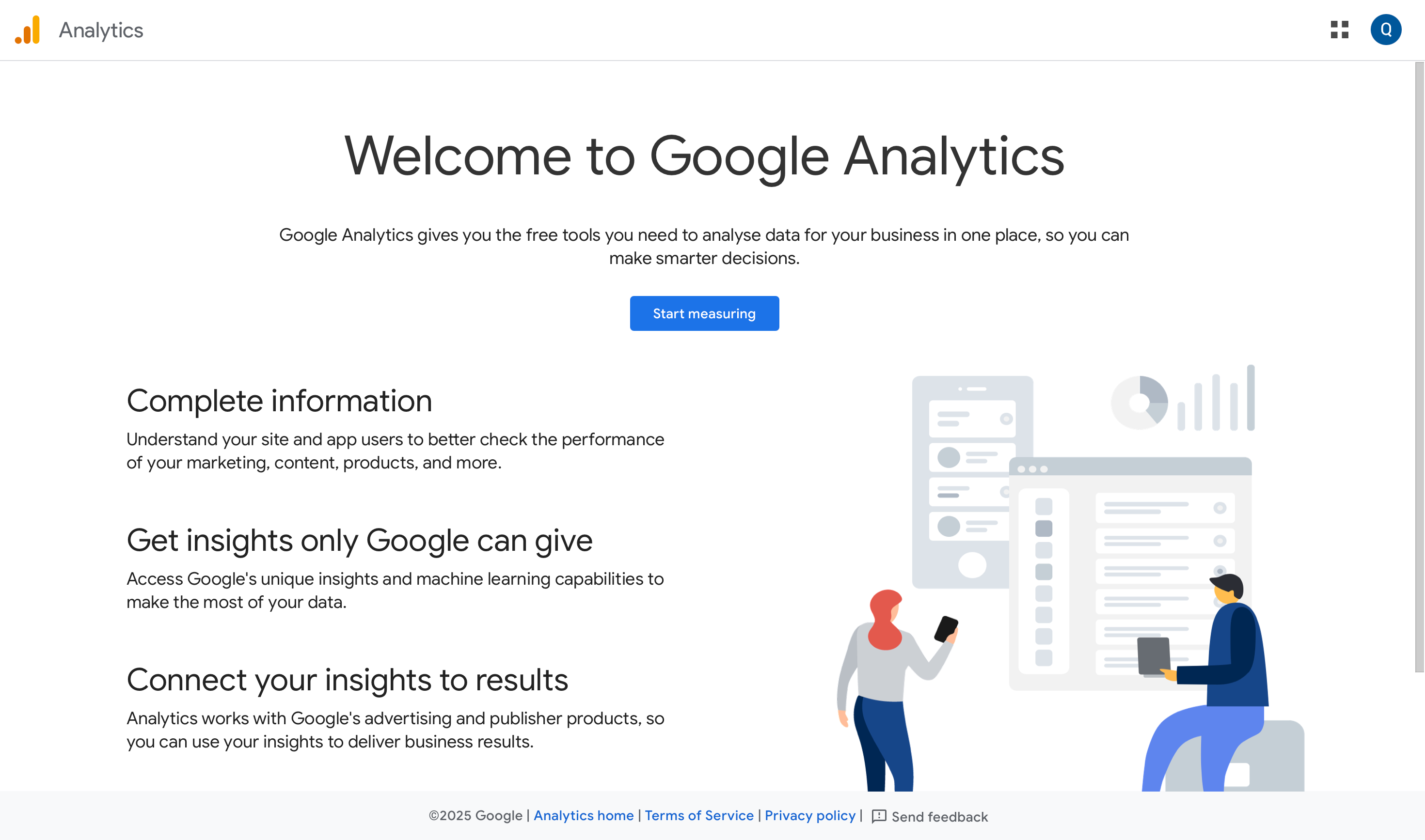 The Google Analytics marketing homepage, showing a large blue button that says 'Start measuring'.