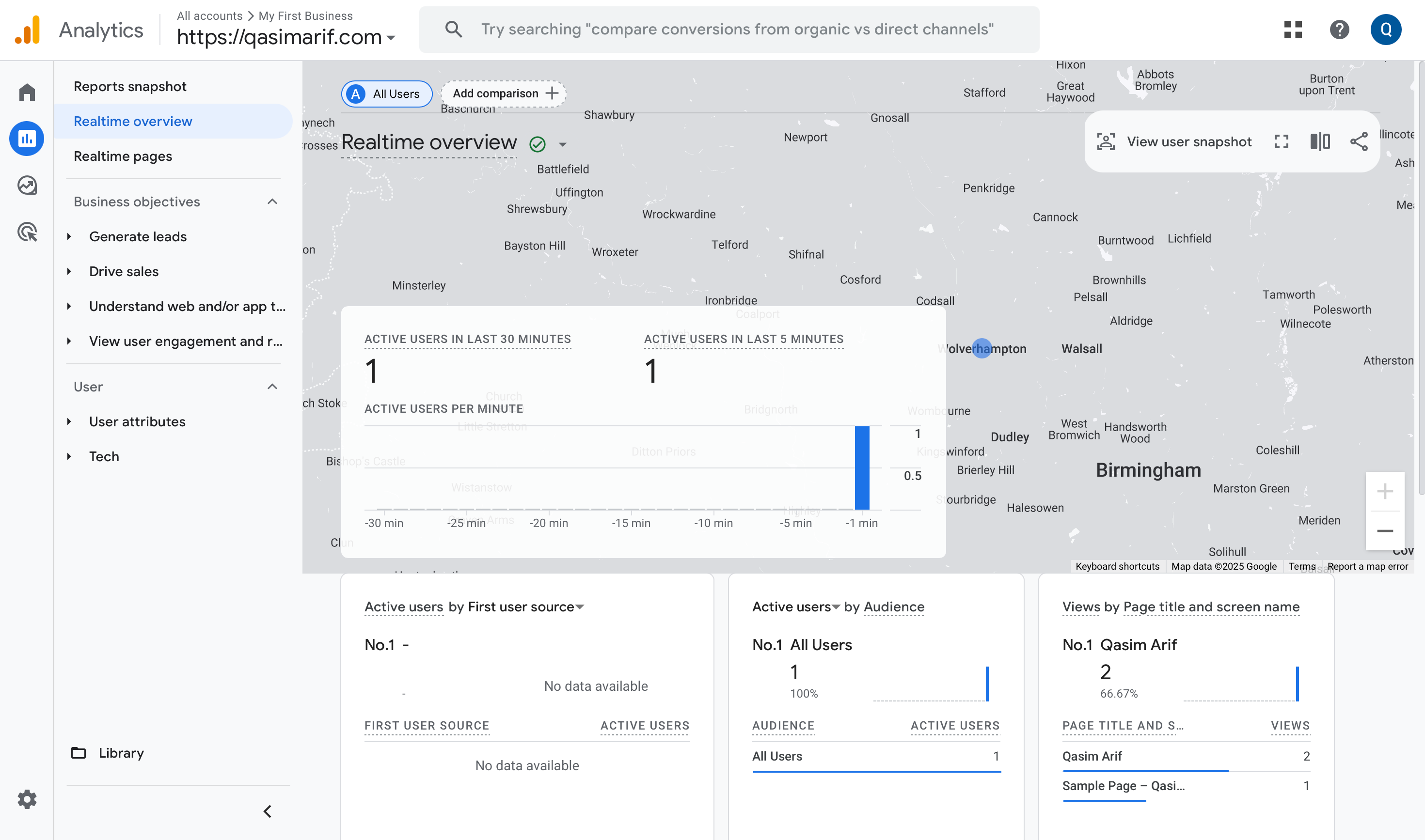 The Realtime report in Google Analytics, showing a map with one active user and the 'Users in last 30 minutes' chart at 1.