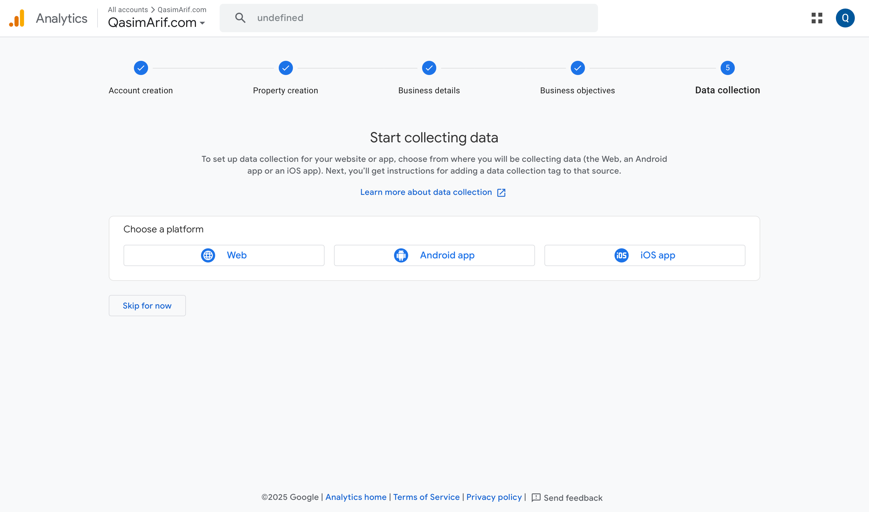The data collection screen in GA4 prompting the user to choose a platform: Web, Android App, or iOS App.