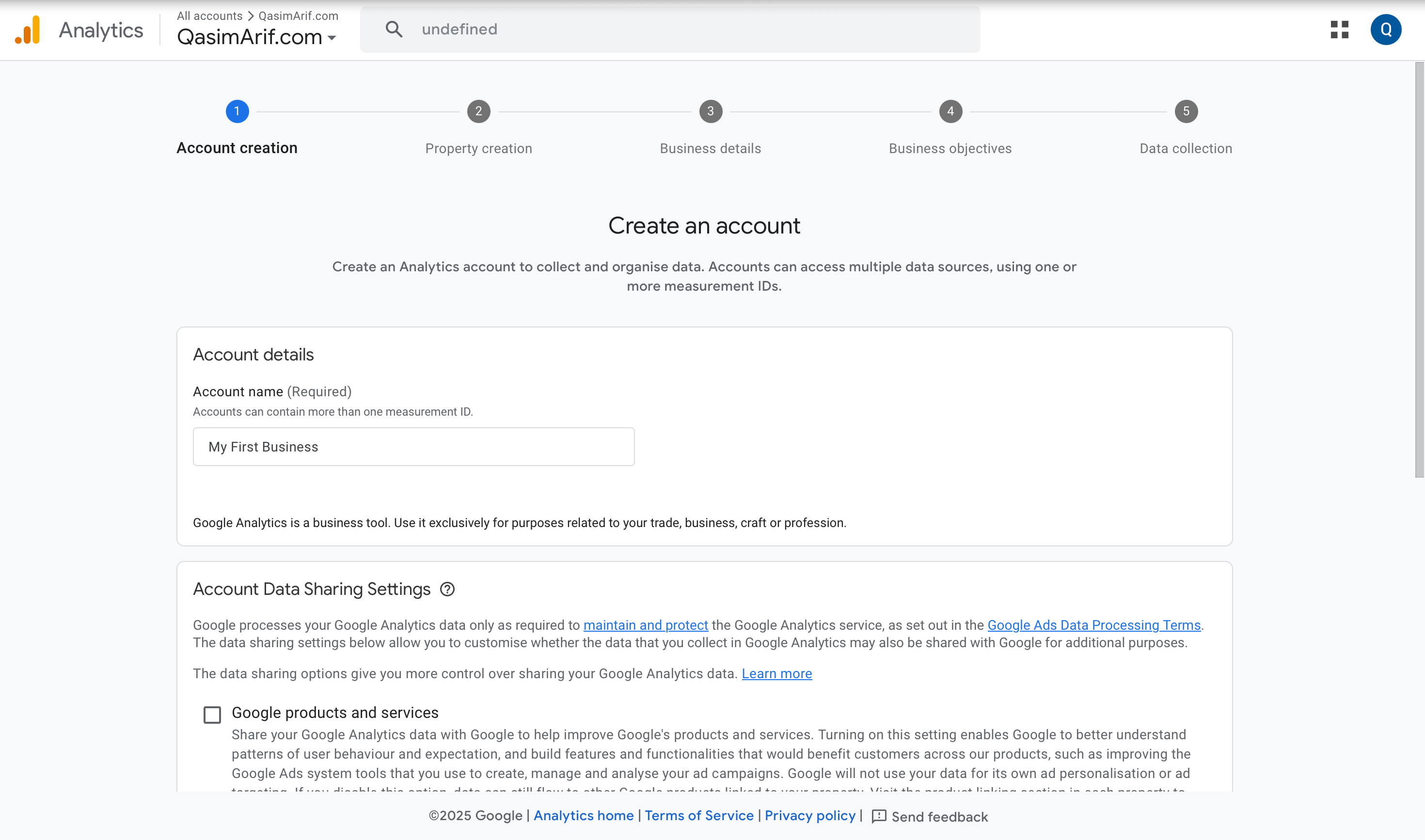 The account creation screen in Google Analytics, showing the field for entering an Account Name.
