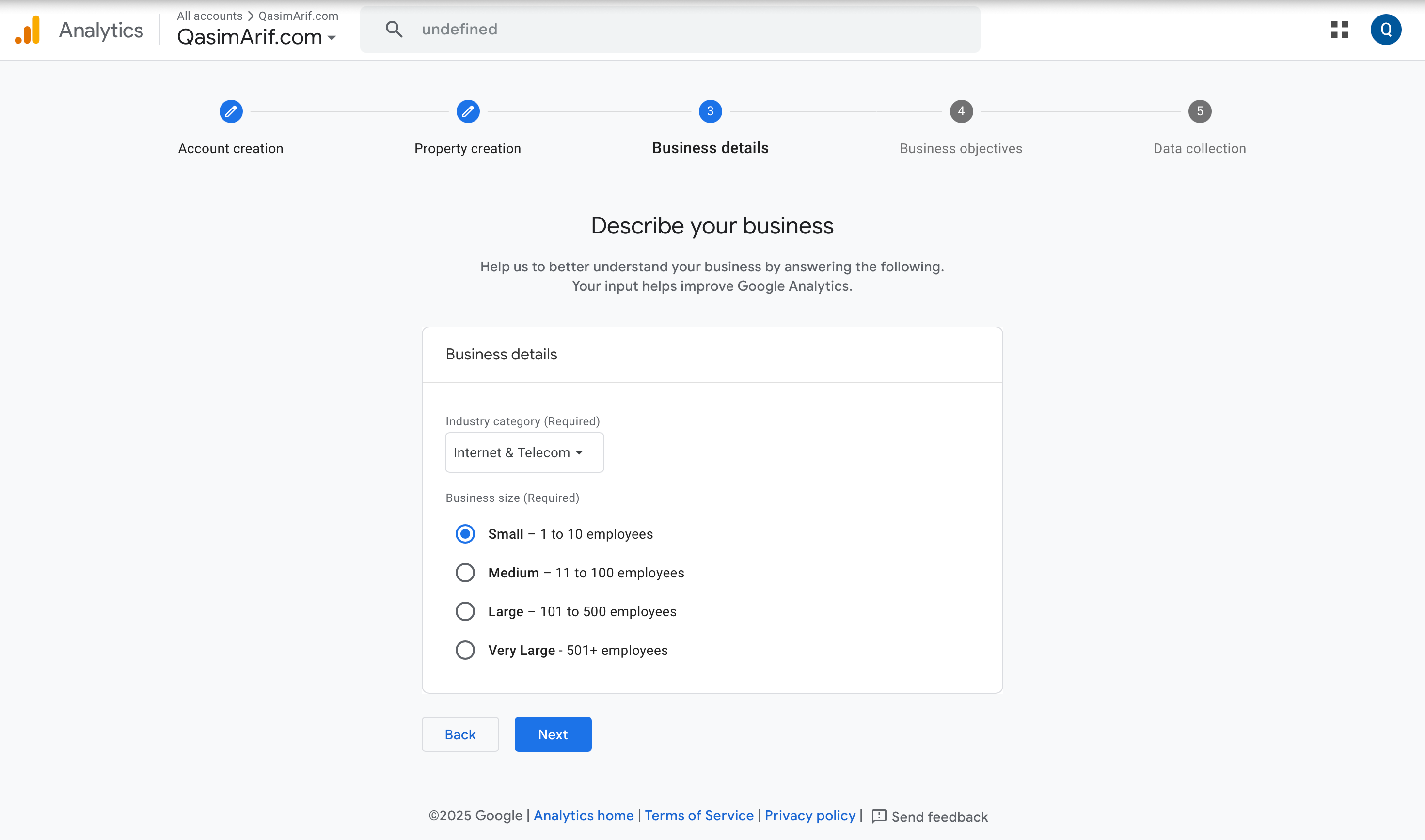 The business details setup screen in Google Analytics, with dropdown menus for Industry category and Business size.