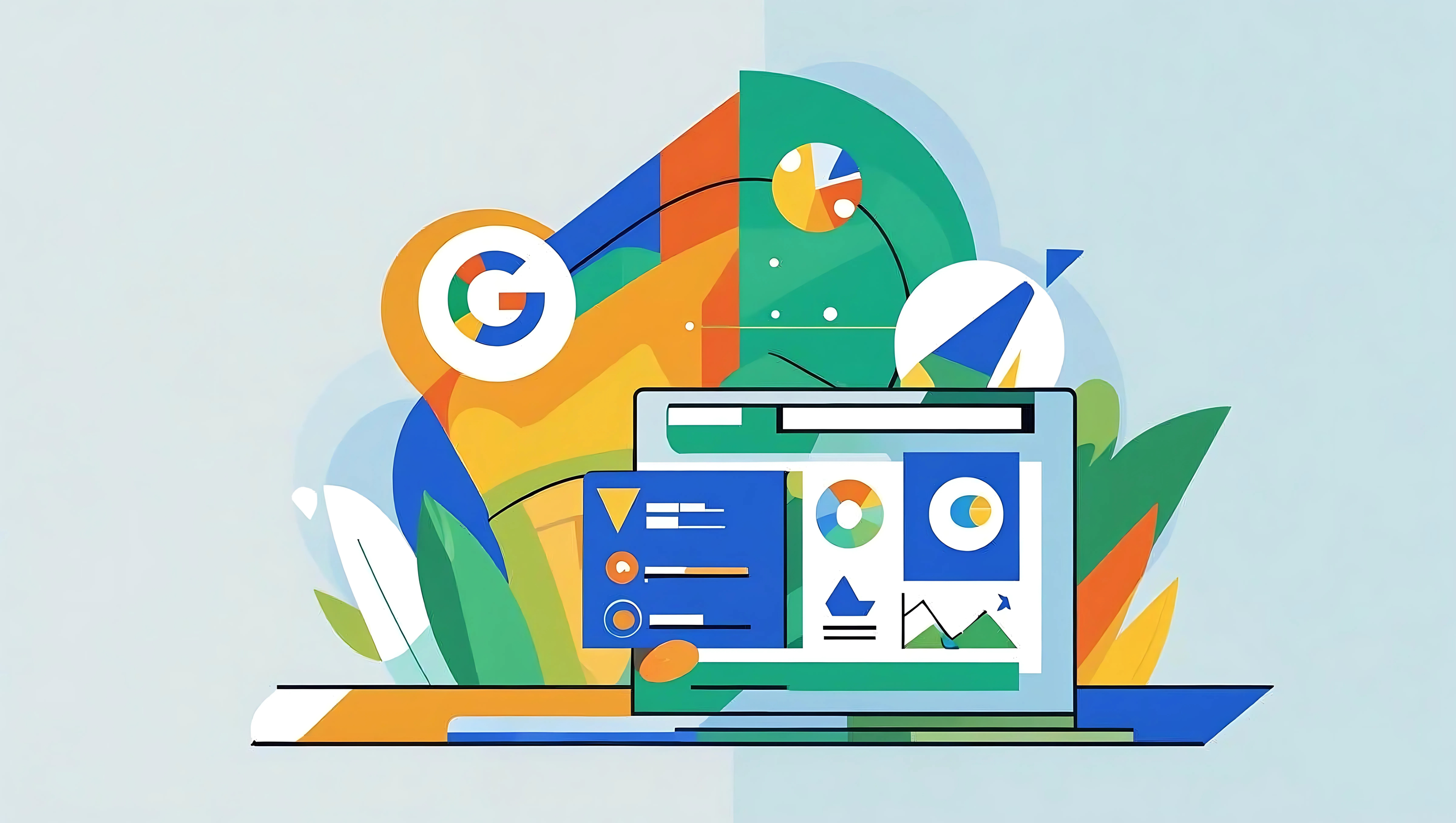 An illustration of the Google Search Console dashboard showing performance graphs and data