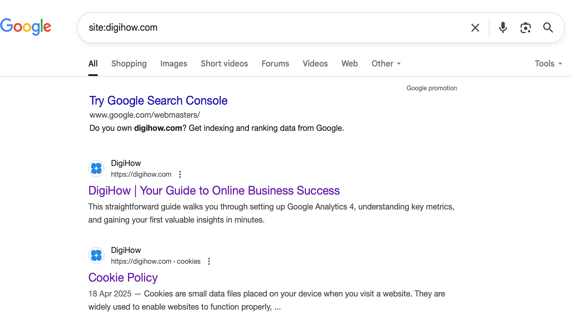 Google search bar showing site:yourwebsite.com search query to check website indexing