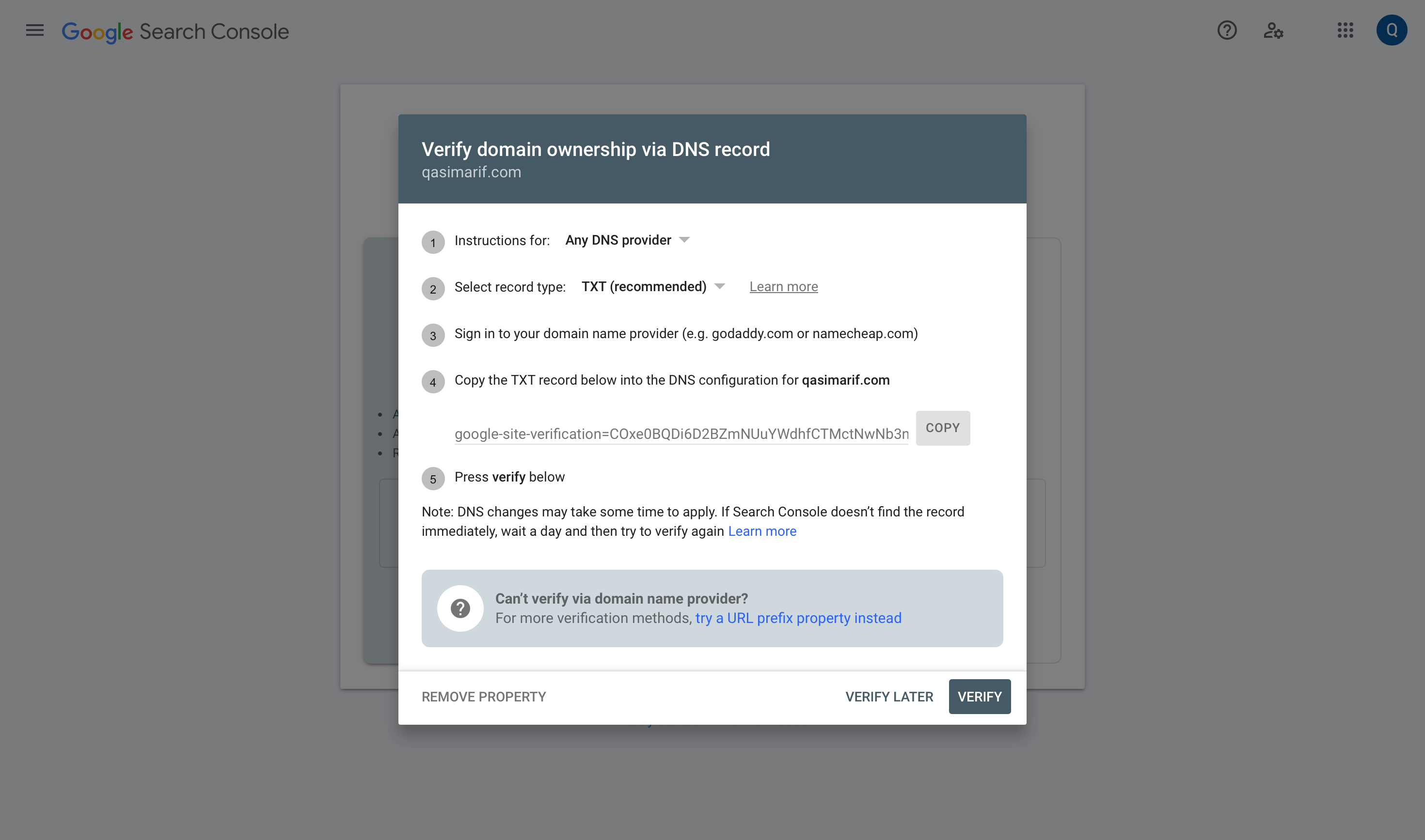 Google Search Console: Domain Verification
