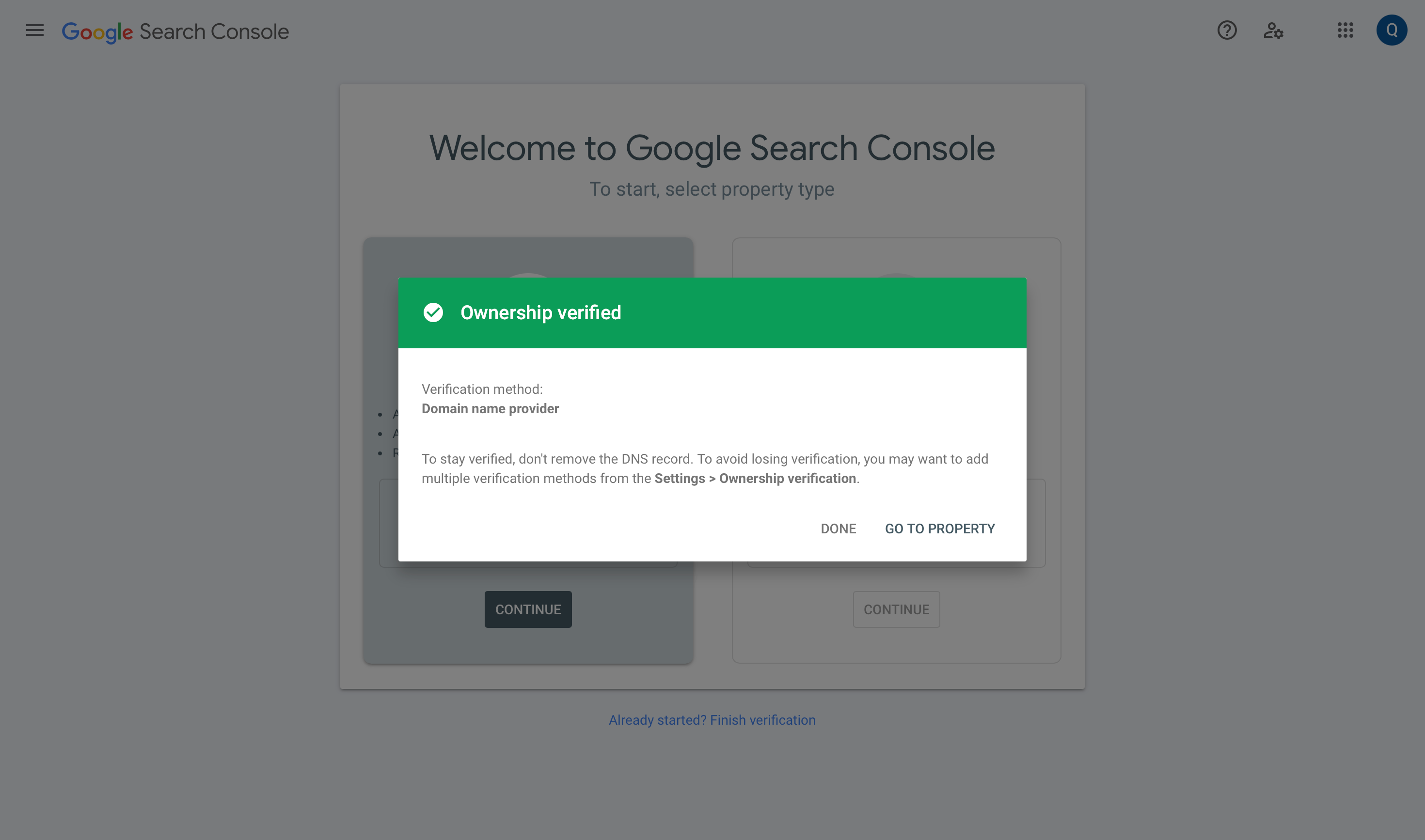 Google Search Console: Domain Verfied