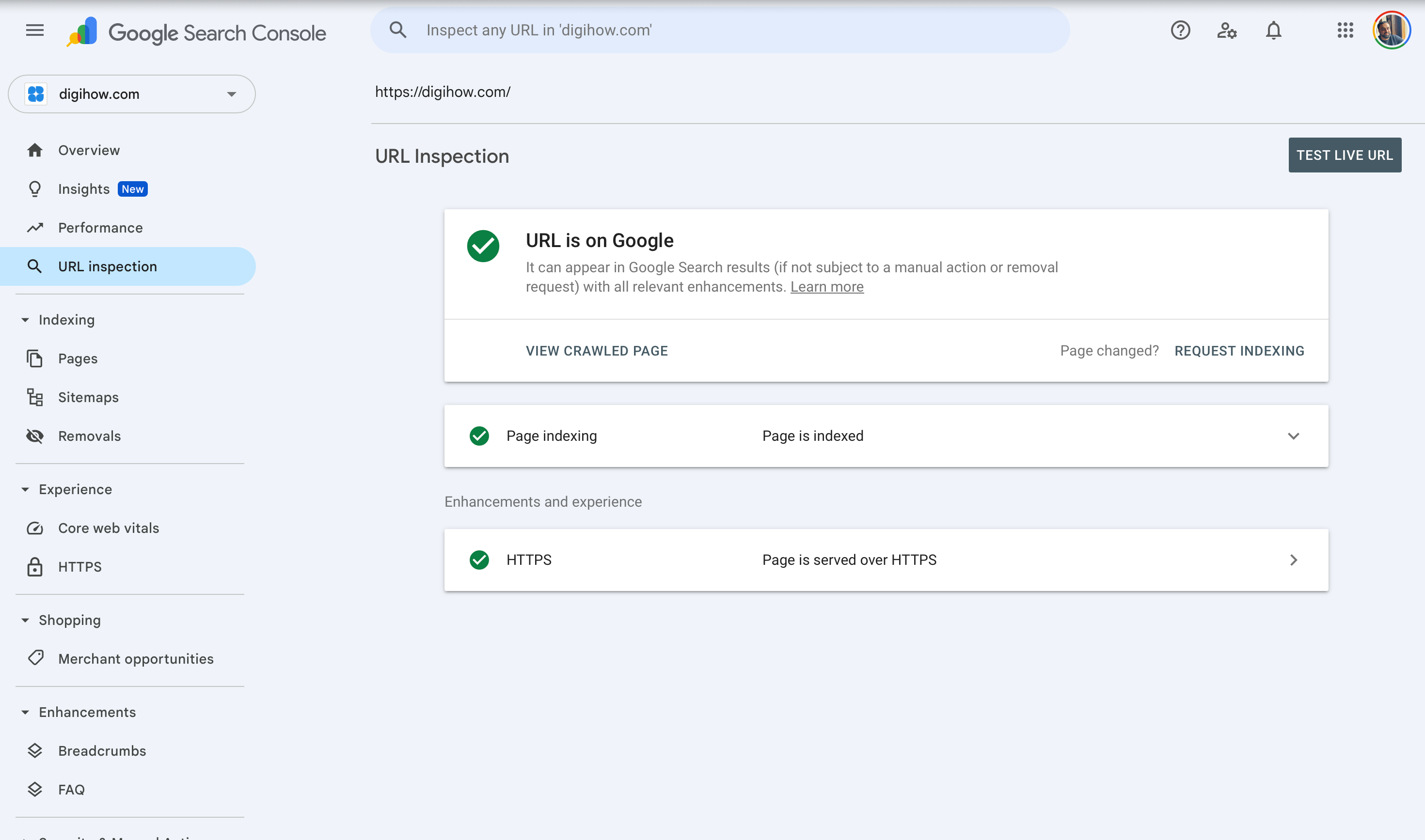 Google search console url inspection tool showing digihow.com being indexed