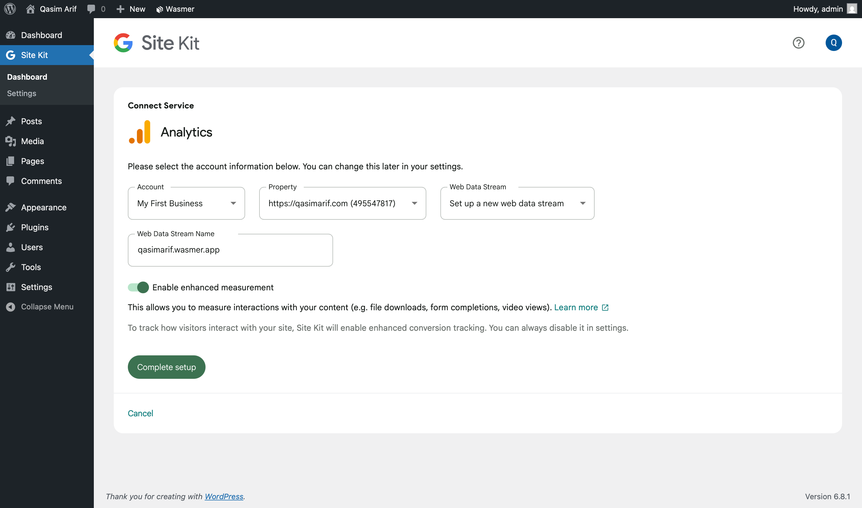 The Site Kit connection page, with dropdown menus to select the correct Google Analytics Account, Property, and Web Stream.