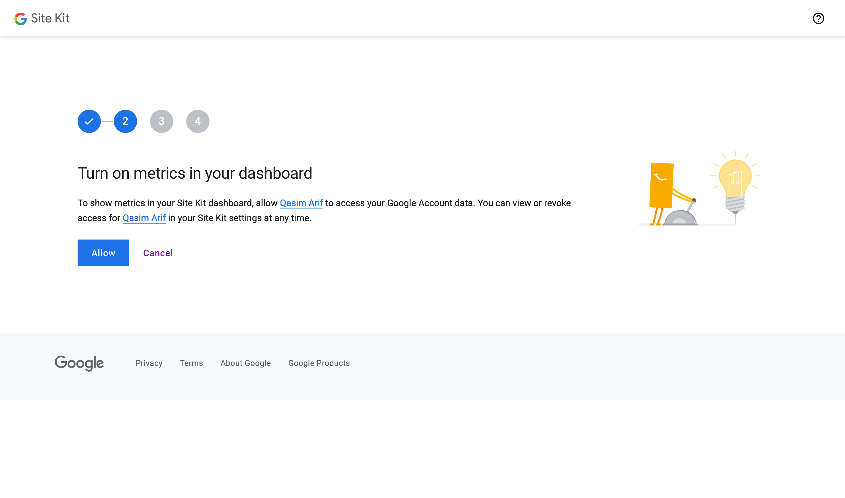 The Site Kit permissions screen, explaining that connecting will allow Google to display metrics within WordPress.