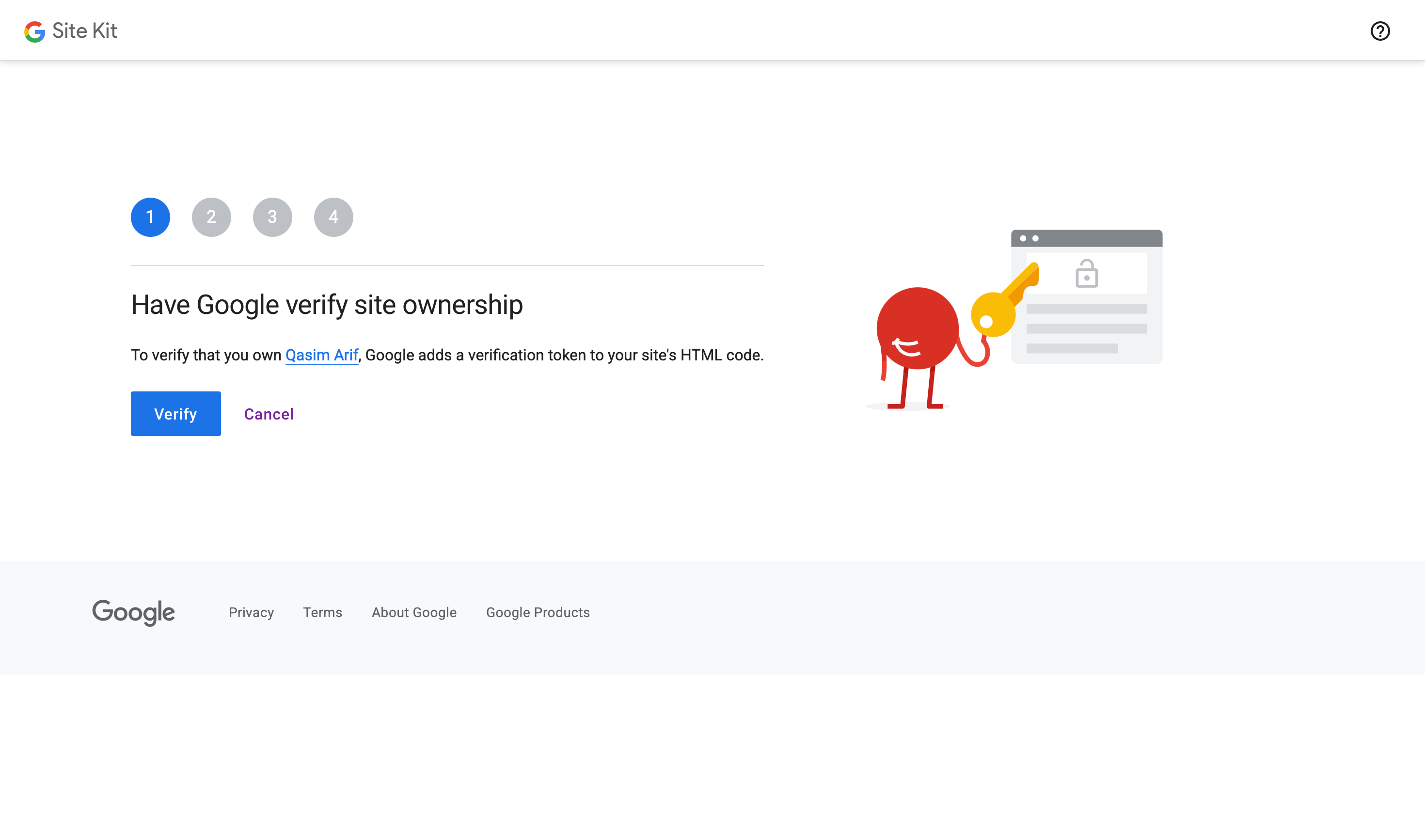 The Site Kit verification step, showing that Google will verify site ownership and a button to proceed.