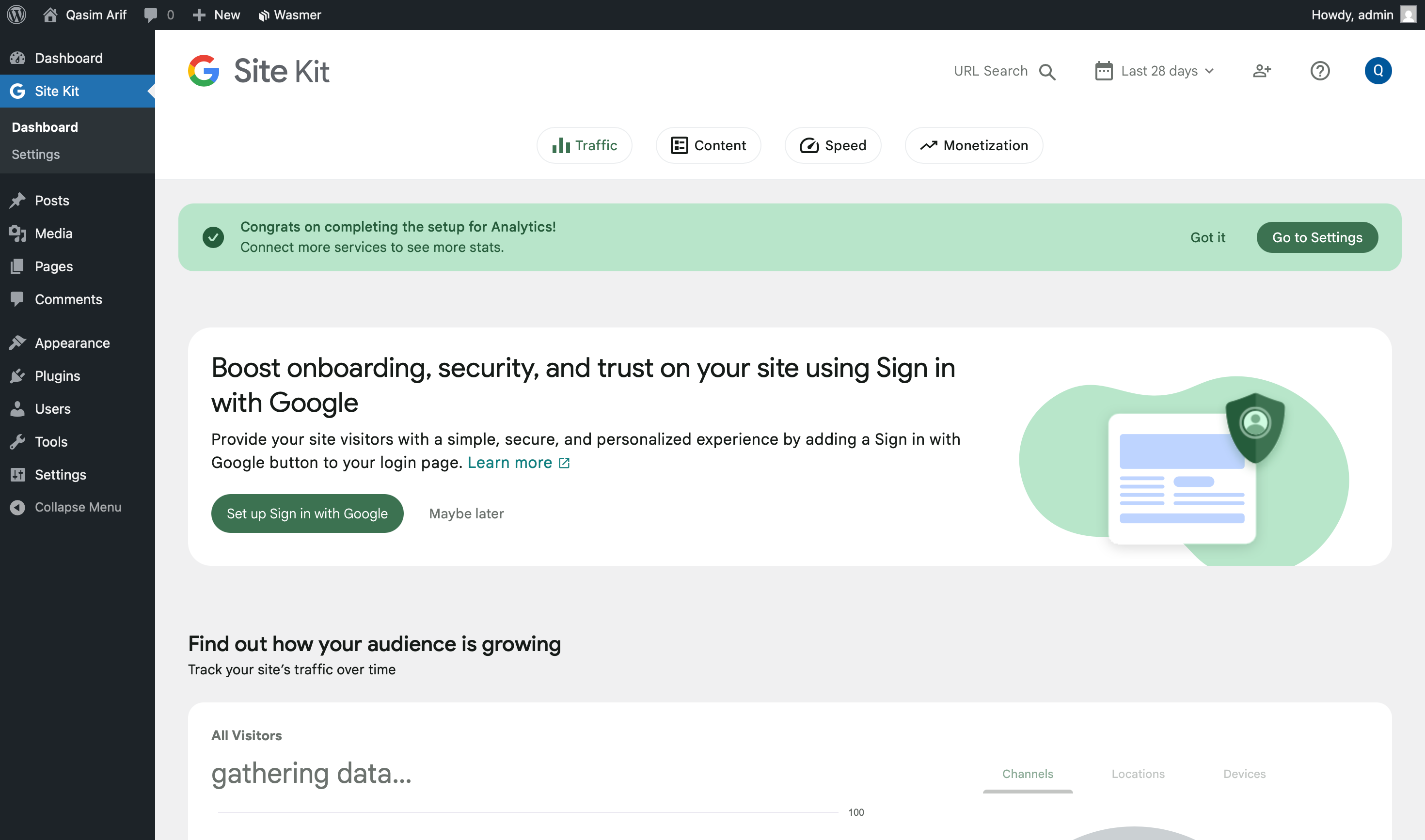 A success screen in the WordPress dashboard showing that Google Analytics and Search Console have been connected via Site Kit.