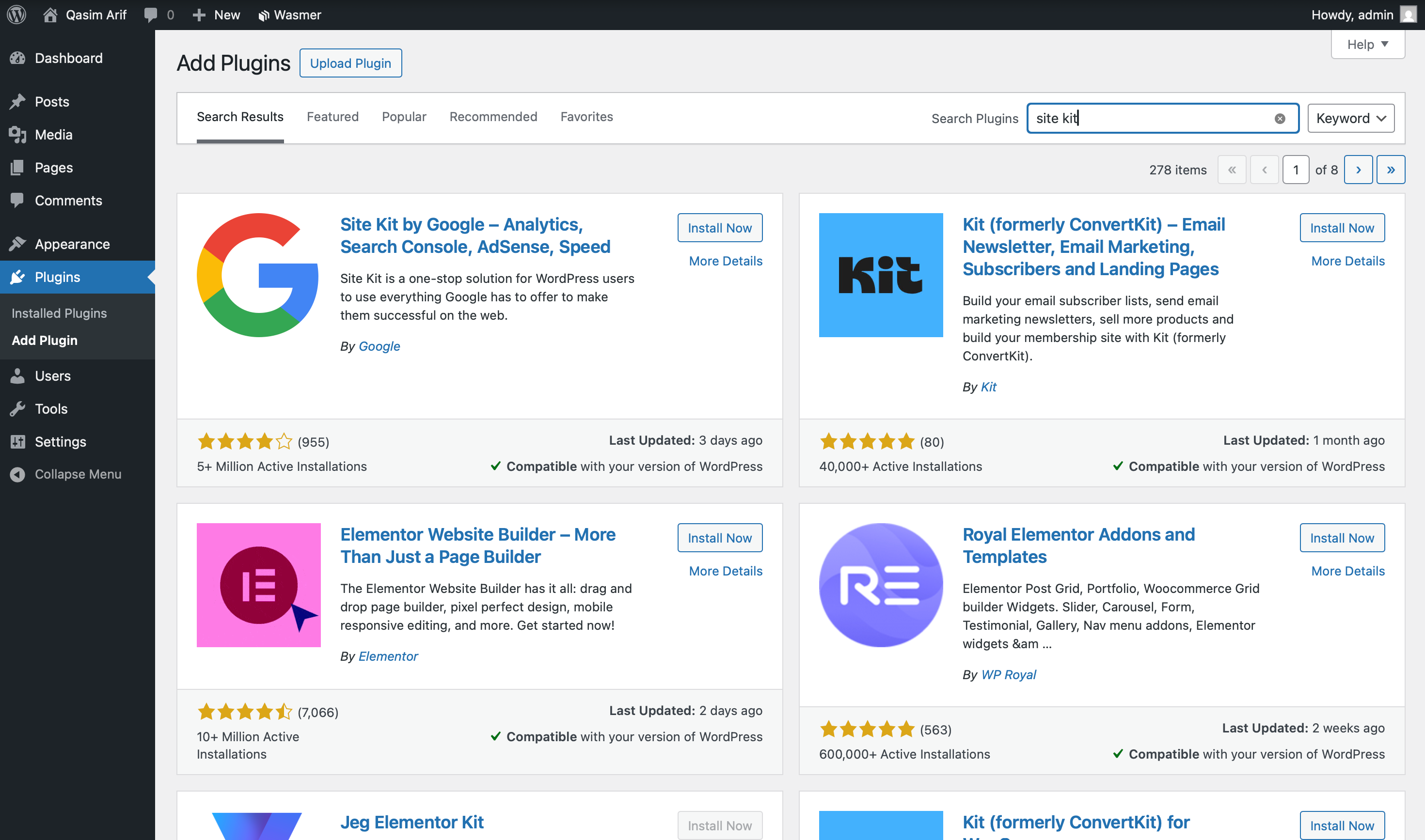 The 'Add New Plugin' screen in WordPress, with the search bar highlighted to find a plugin.