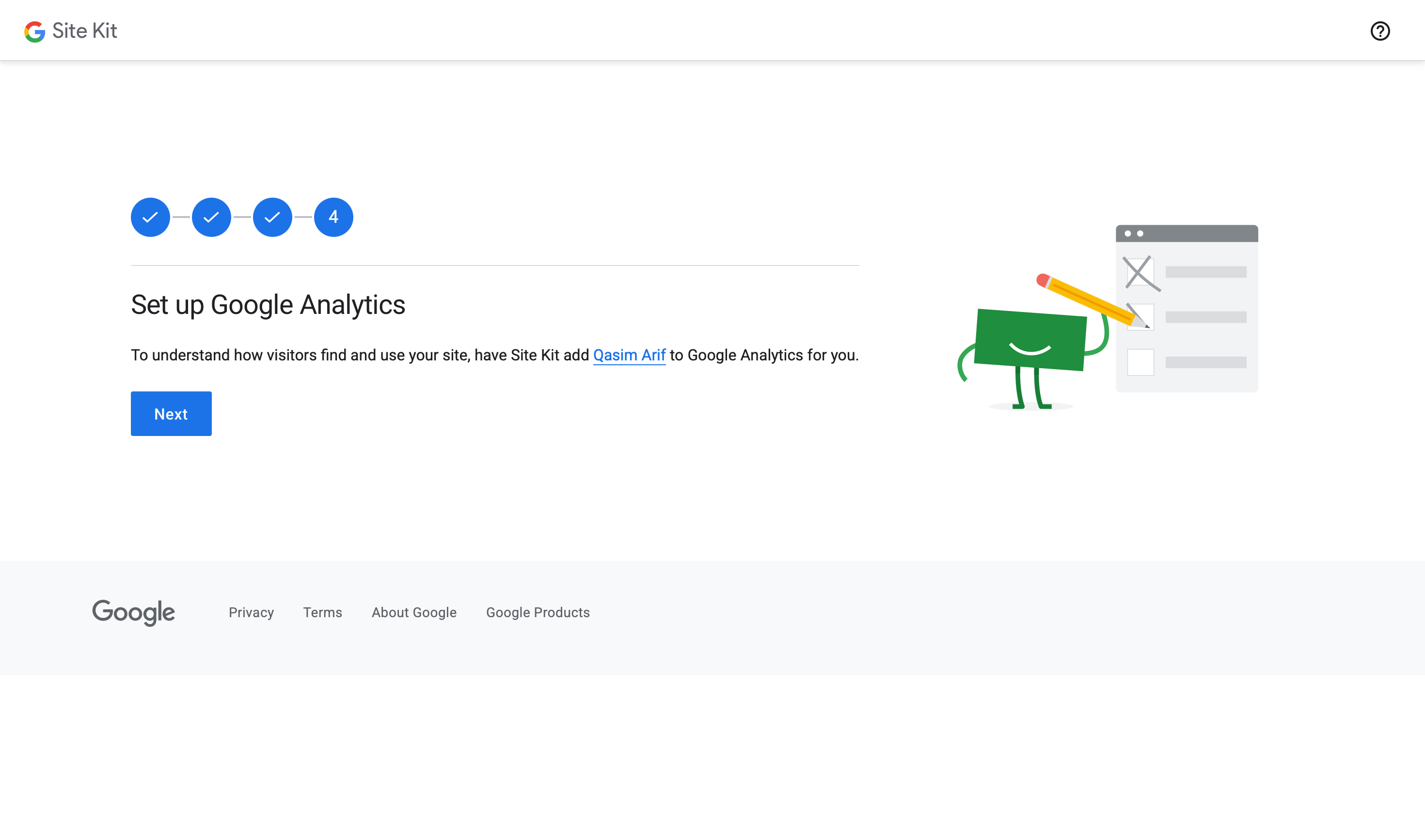 The final Site Kit setup step for Google Analytics, confirming the service is being connected.
