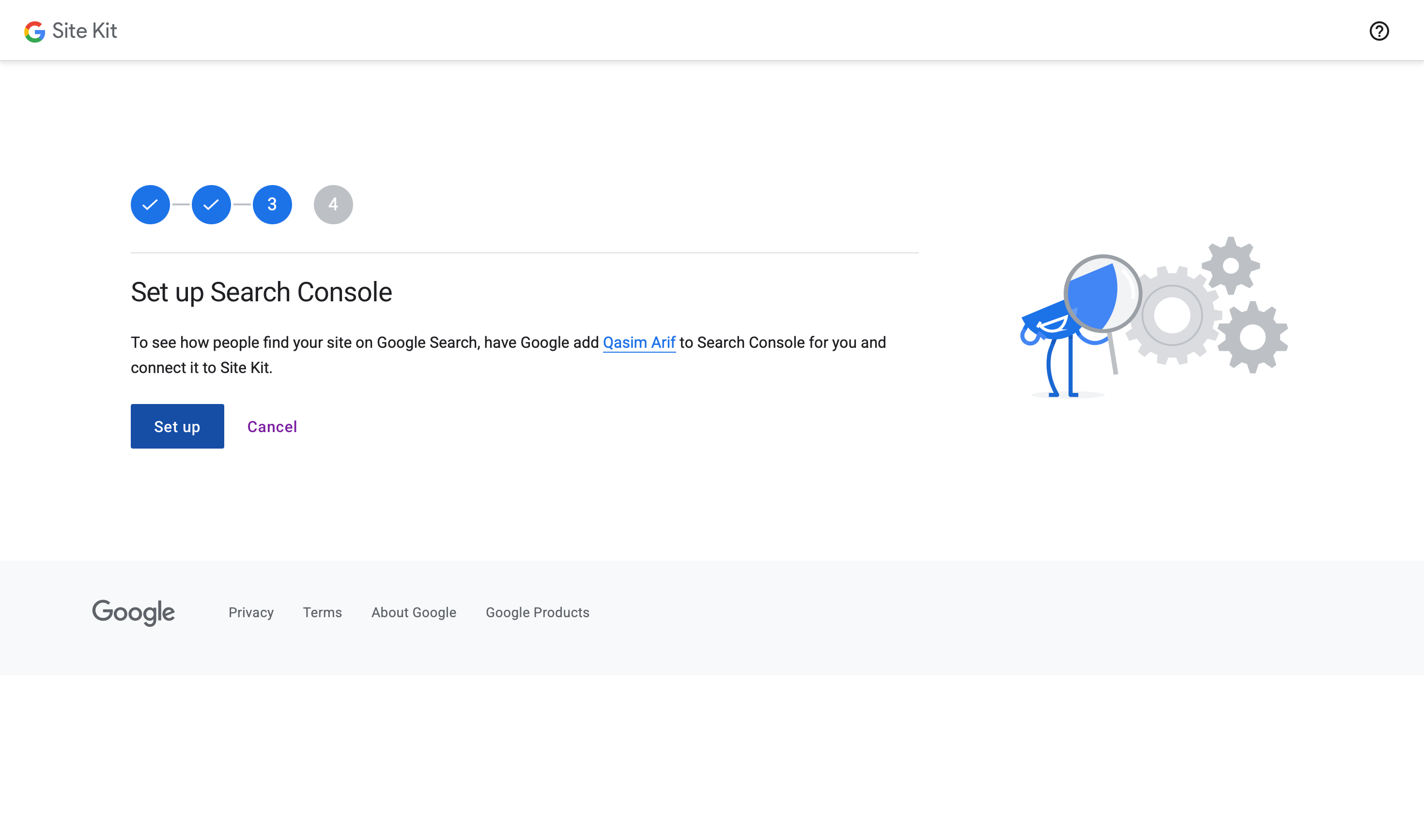The Site Kit setup step for Google Search Console, showing that the tool is being configured.
