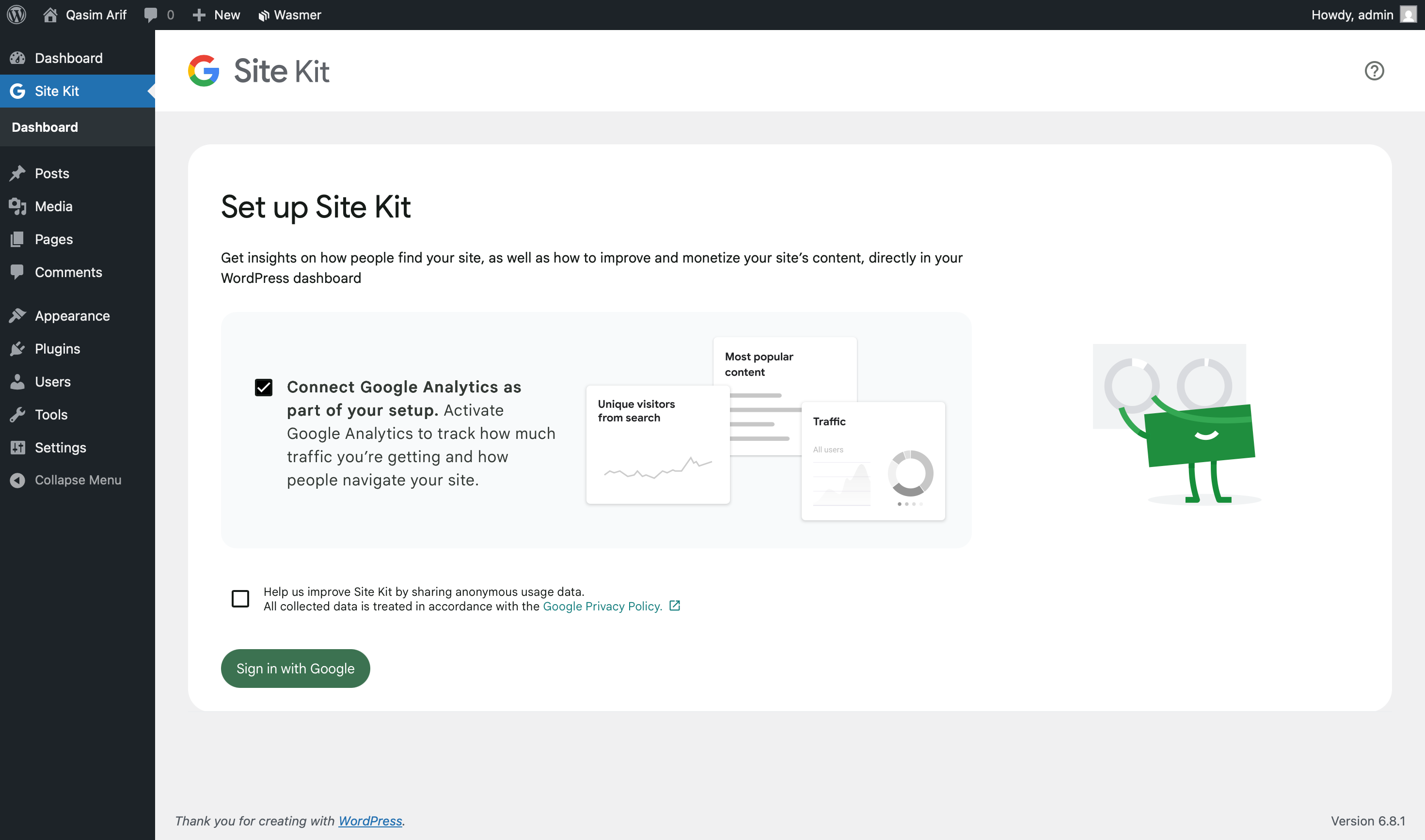 The Site Kit setup wizard welcome screen, with a checkbox for connecting Google Analytics and a 'Sign in with Google' button.