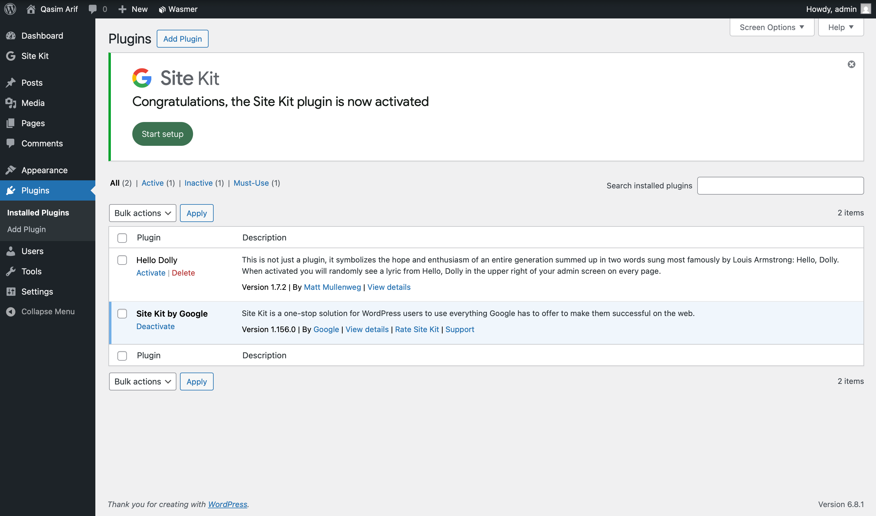 The installed plugins page in WordPress, showing the activated Site Kit by Google plugin and a 'Start Setup' button.